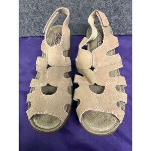 Sketchers Memory Foam Wedge Heel Sandals Taupe Suede Shoes Women's Size 7.5